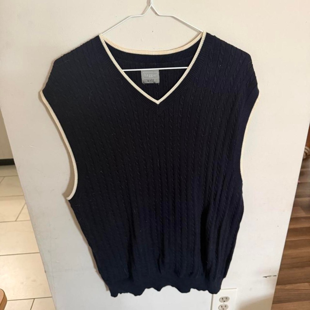 Haggar‎ Golf Mens Navy Blue Cable Knit Sweater Vest V-Neck Cream Trim Large
